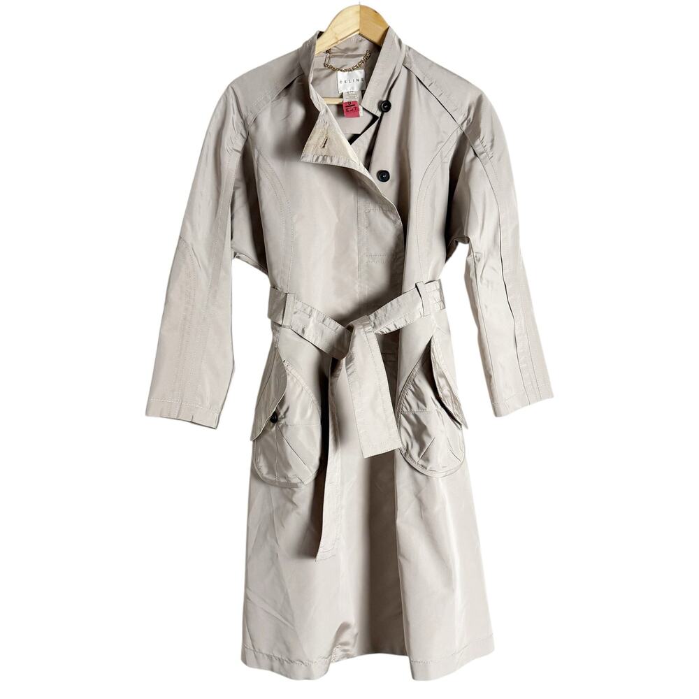 Celine Beige Silk Stitched Belted Trench Coat Women’s Size M